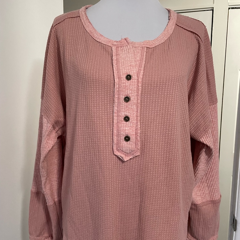 POL OVERSIZED SM SWEATSHIRT TOP SLOUCHY DROP SHOULDER BUTTON FRONT 2 TONE ROSE